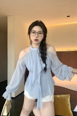 Slightly Chubby Plus Size Strapless Halter Neck Shirt - Blurry Irregular Flowing Design for a Stylish Waist-Defining Look