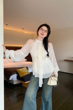 Slightly Chubby Plus Size Strapless Halter Neck Shirt - Blurry Irregular Flowing Design for a Stylish Waist-Defining Look