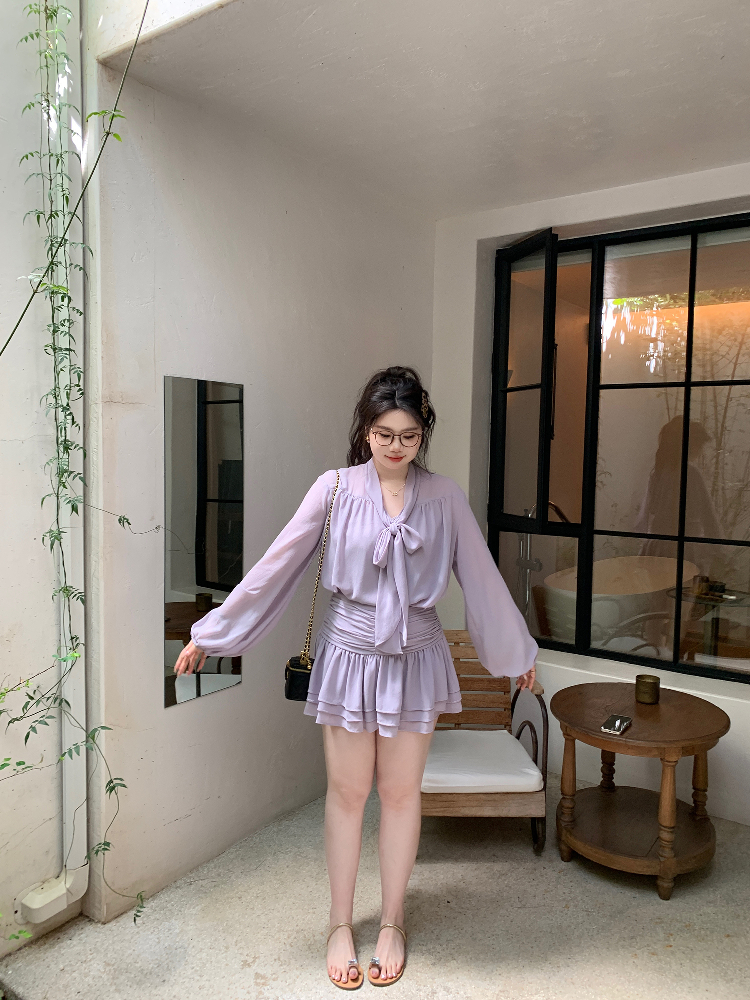 Slightly Chubby Purple Mist Aesthetics Shirt Set with Suspender Half Skirt and Bow Tie Ribbons – Y2K Aesthetic Fashion Slightly Chubby Purple Mist Aesthetics Shirt Set with Suspender Half Skirt and Bow Tie Ribbons – Y2K Aesthetic Fashion