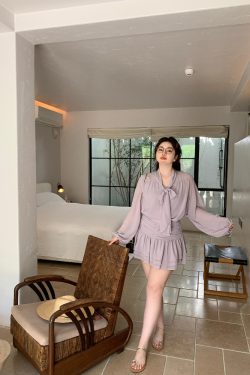 Slightly Chubby Purple Mist Aesthetics Shirt Set with Suspender Half Skirt and Bow Tie Ribbons – Y2K Aesthetic Fashion