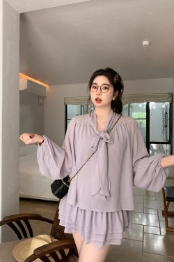 Slightly Chubby Purple Mist Aesthetics Shirt Set with Suspender Half Skirt and Bow Tie Ribbons – Y2K Aesthetic Fashion