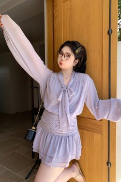 Slightly Chubby Purple Mist Aesthetics Shirt Set with Suspender Half Skirt and Bow Tie Ribbons – Y2K Aesthetic Fashion