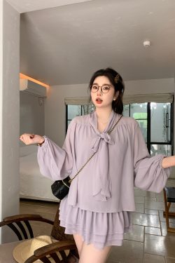 Slightly Chubby Purple Mist Aesthetics Shirt Set with Suspender Half Skirt and Bow Tie Ribbons – Y2K Aesthetic Fashion