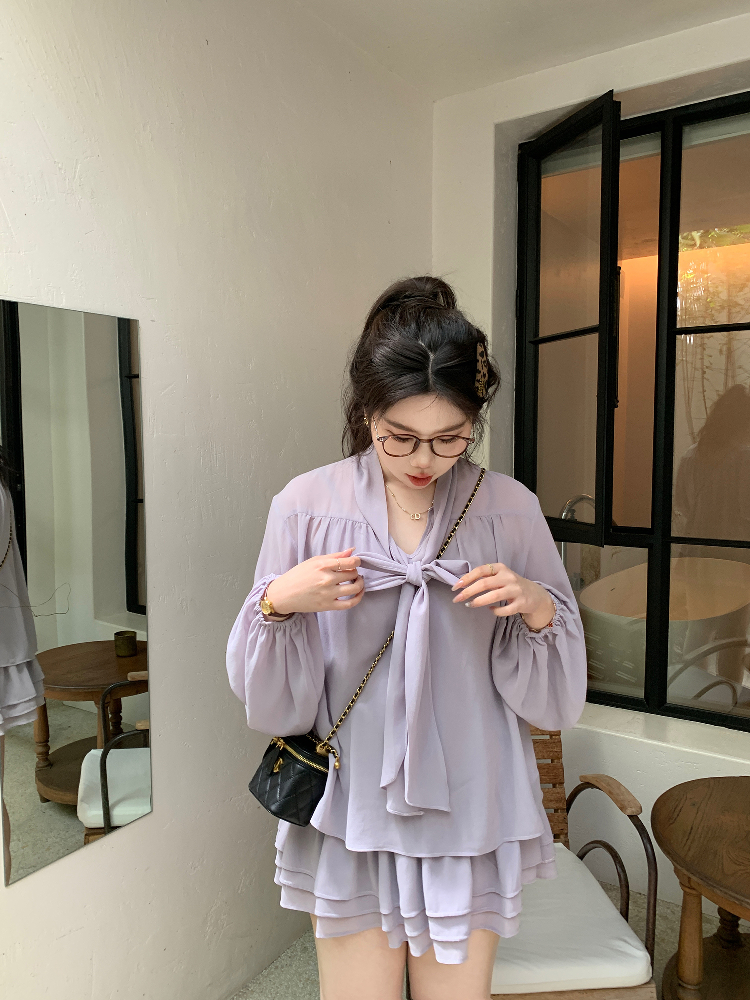 Slightly Chubby Purple Mist Aesthetics Shirt Set with Suspender Half Skirt and Bow Tie Ribbons – Y2K Aesthetic Fashion Slightly Chubby Purple Mist Aesthetics Shirt Set with Suspender Half Skirt and Bow Tie Ribbons – Y2K Aesthetic Fashion