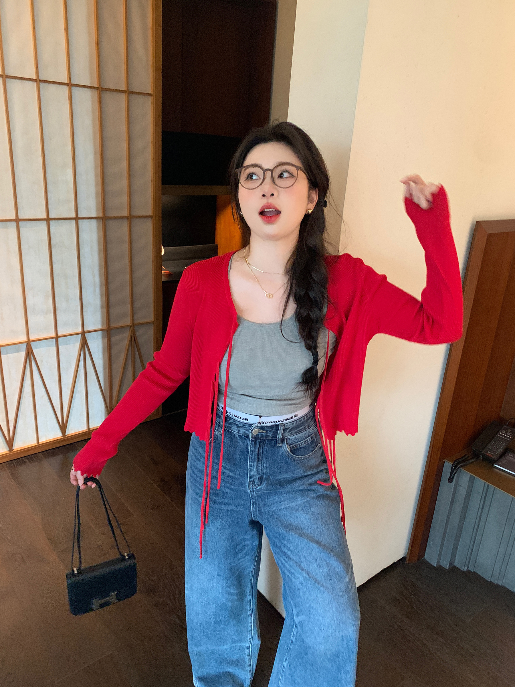 Slightly Chubby Retro Red Knitted Cardigan - Versatile Spring Sweater for Cool Air Conditioning, Perfect for Y2K Style Outfits Slightly Chubby Retro Red Knitted Cardigan - Versatile Spring Sweater for Cool Air Conditioning, Perfect for Y2K Style Outfits