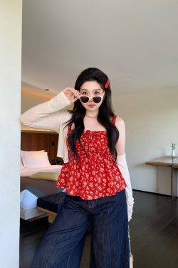 Slightly Chubby Summer Love Floral Camisole - Korean Style Plus Size Red Floral Sun Protection Cardigan