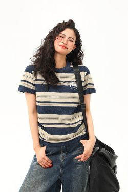 Slightly Loose Striped Short Sleeve T-Shirt for Women - Vintage American Style, Summer Versatile Top, Casual 90s Fashion