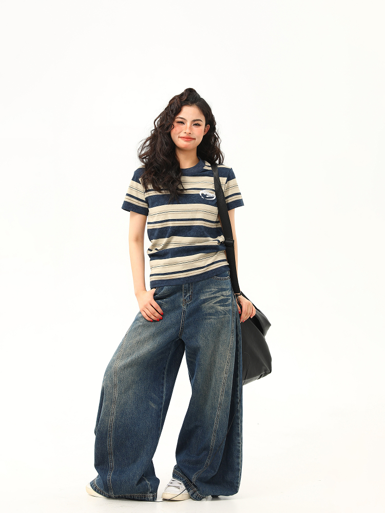 Slightly Loose Striped Short Sleeve T-Shirt for Women - Vintage American Style, Summer Versatile Top, Casual 90s Fashion Slightly Loose Striped Short Sleeve T-Shirt for Women - Vintage American Style, Summer Versatile Top, Casual 90s Fashion