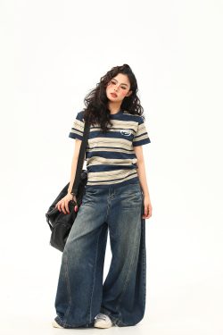 Slightly Loose Striped Short Sleeve T-Shirt for Women - Vintage American Style, Summer Versatile Top, Casual 90s Fashion