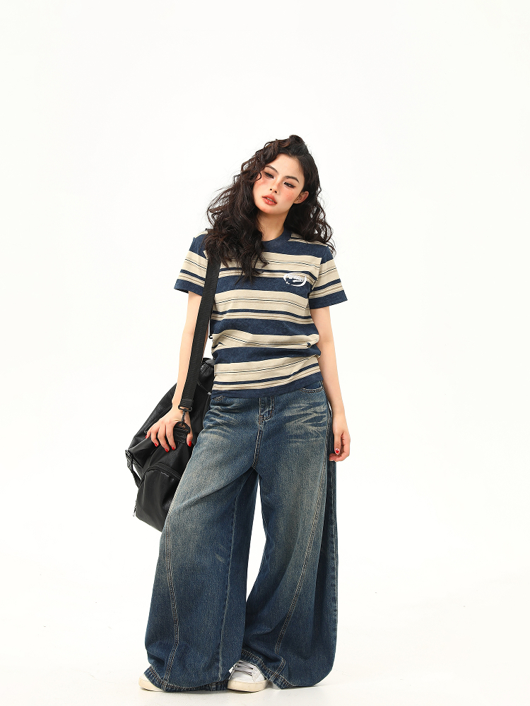 Slightly Loose Striped Short Sleeve T-Shirt for Women - Vintage American Style, Summer Versatile Top, Casual 90s Fashion Slightly Loose Striped Short Sleeve T-Shirt for Women - Vintage American Style, Summer Versatile Top, Casual 90s Fashion