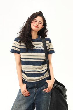 Slightly Loose Striped Short Sleeve T-Shirt for Women - Vintage American Style, Summer Versatile Top, Casual 90s Fashion