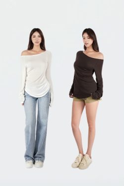 Slightly Sheer Off-Shoulder Long Sleeve Top - Relaxed Fit, Casual Chic Style, Perfect for Y2K and Korean Fashion Trends