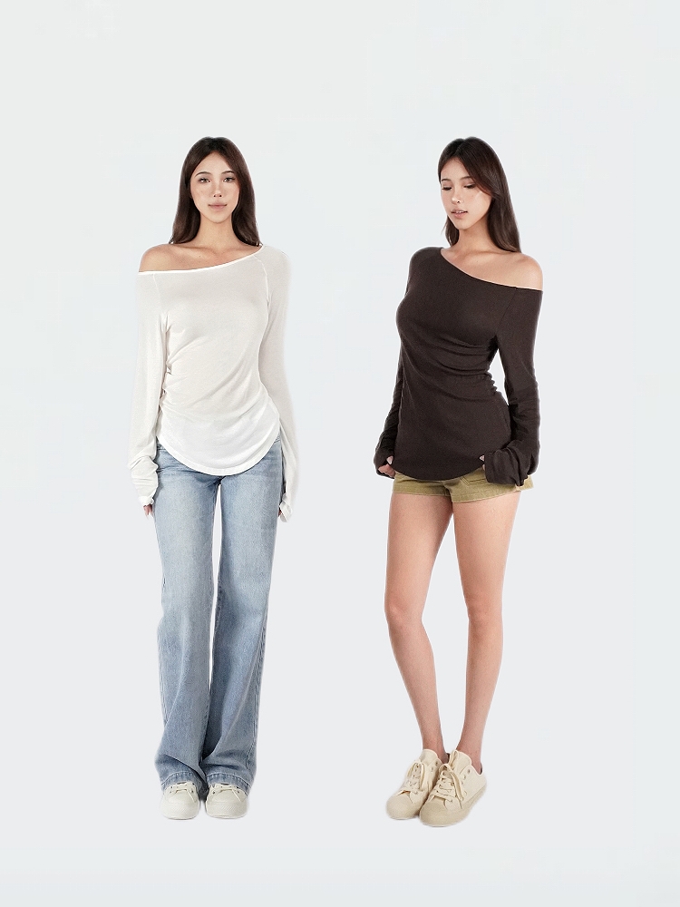 Slightly Sheer Off-Shoulder Long Sleeve Top - Relaxed Fit, Casual Chic Style, Perfect for Y2K and Korean Fashion Trends Slightly Sheer Off-Shoulder Long Sleeve Top - Relaxed Fit, Casual Chic Style, Perfect for Y2K and Korean Fashion Trends