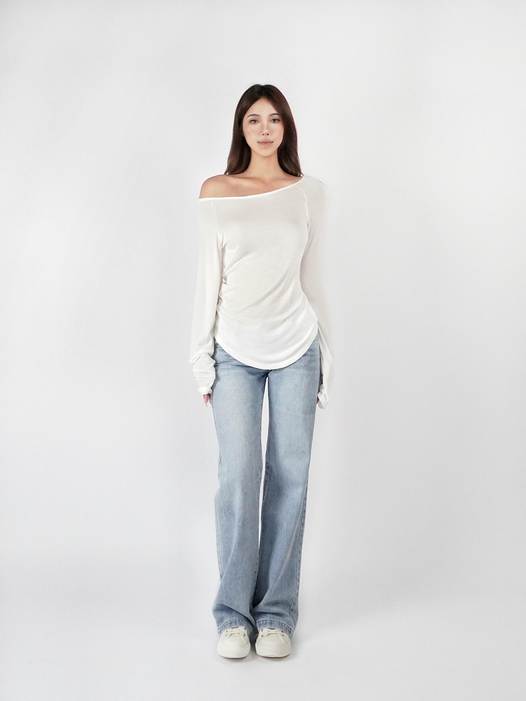 Slightly Sheer Off-Shoulder Long Sleeve Top - Relaxed Fit, Casual Chic Style, Perfect for Y2K and Korean Fashion Trends Slightly Sheer Off-Shoulder Long Sleeve Top - Relaxed Fit, Casual Chic Style, Perfect for Y2K and Korean Fashion Trends