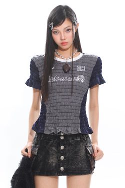 Slim Fit American Vintage Sports Jersey T-Shirt with High Elastic Wrinkled Texture - Digital Short Sleeve Top for Casual Style