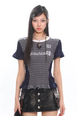 Slim Fit American Vintage Sports Jersey T-Shirt with High Elastic Wrinkled Texture - Digital Short Sleeve Top for Casual Style