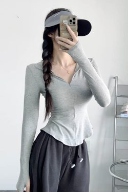 Slim-Fit Bee Waist T-Shirt with Collar and Zipper, Stretchy Solid Color Polo for Casual Versatility, Flattering Belly-Hiding Design