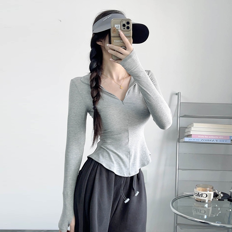 Slim-Fit Bee Waist T-Shirt with Collar and Zipper, Stretchy Solid Color Polo for Casual Versatility, Flattering Belly-Hiding Design Slim-Fit Bee Waist T-Shirt with Collar and Zipper, Stretchy Solid Color Polo for Casual Versatility, Flattering Belly-Hiding Design