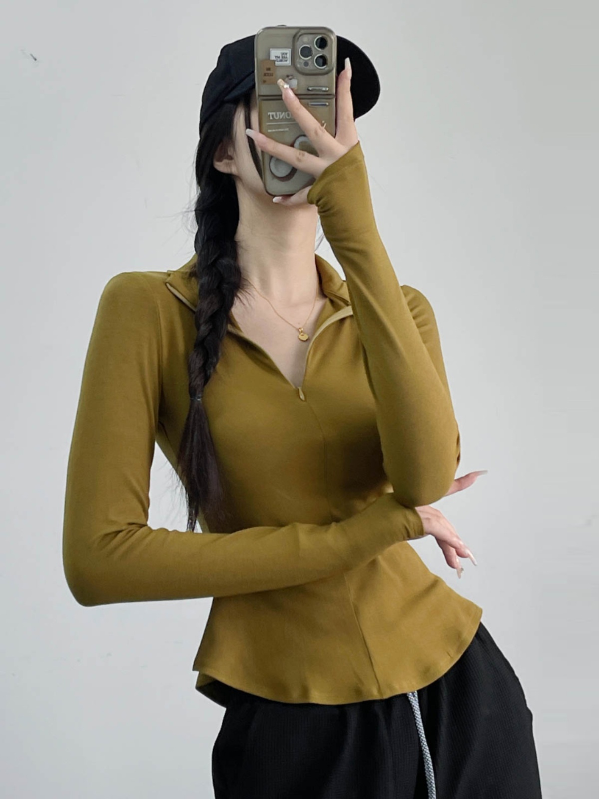 Slim-Fit Bee Waist T-Shirt with Collar and Zipper, Stretchy Solid Color Polo for Casual Versatility, Flattering Belly-Hiding Design Slim-Fit Bee Waist T-Shirt with Collar and Zipper, Stretchy Solid Color Polo for Casual Versatility, Flattering Belly-Hiding Design