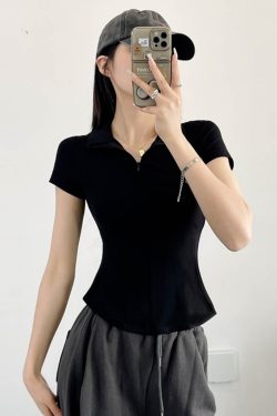 Slim-Fit Bee Waist T-Shirt with Collar and Zipper, Stretchy Solid Color Polo for Casual Versatility, Flattering Belly-Hiding Design