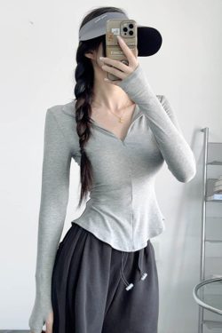 Slim-Fit Bee Waist T-Shirt with Collar and Zipper, Stretchy Solid Color Polo for Casual Versatility, Flattering Belly-Hiding Design