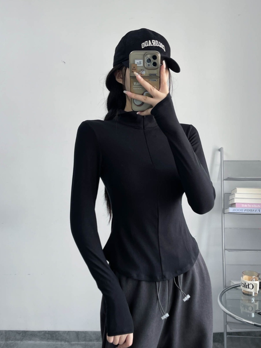 Slim-Fit Bee Waist T-Shirt with Collar and Zipper, Stretchy Solid Color Polo for Casual Versatility, Flattering Belly-Hiding Design Slim-Fit Bee Waist T-Shirt with Collar and Zipper, Stretchy Solid Color Polo for Casual Versatility, Flattering Belly-Hiding Design