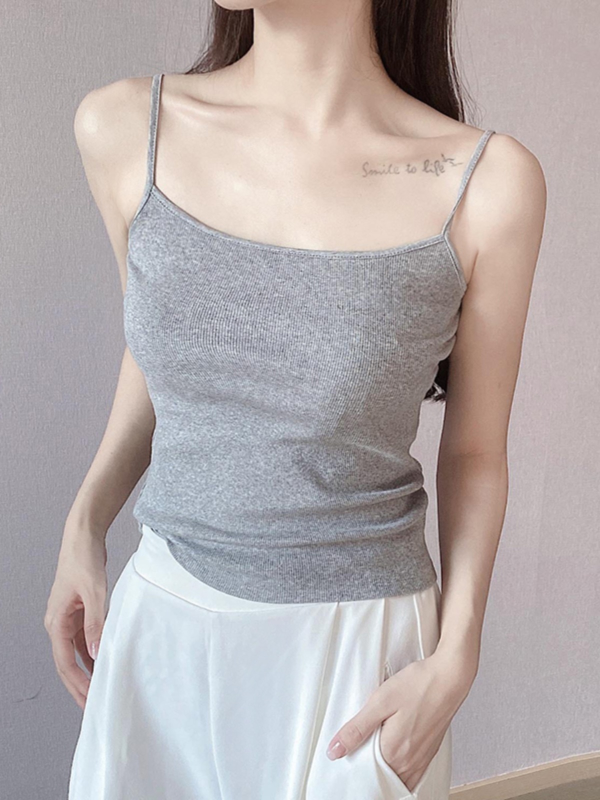 Slim-Fit Cotton Ribbed Camisole Tank Top, Thin Strap Sleeveless Summer Essential, Stretchy Layering Piece Slim-Fit Cotton Ribbed Camisole Tank Top, Thin Strap Sleeveless Summer Essential, Stretchy Layering Piece