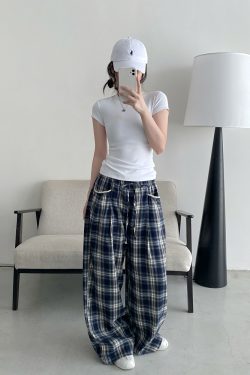 Slim-Fit Gray-Blue Checkered Casual Pants with Spliced Waistband and Drawstring - Versatile Wide-Leg Loose Straight Long Trousers