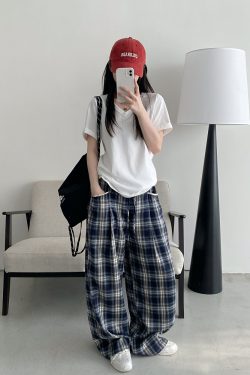 Slim-Fit Gray-Blue Checkered Casual Pants with Spliced Waistband and Drawstring - Versatile Wide-Leg Loose Straight Long Trousers
