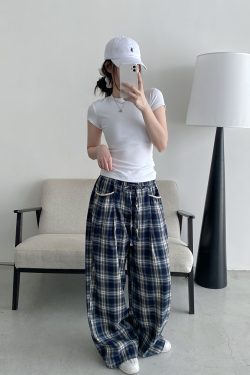 Slim-Fit Gray-Blue Checkered Casual Pants with Spliced Waistband and Drawstring - Versatile Wide-Leg Loose Straight Long Trousers