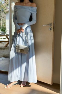Slim-Fit One-Shoulder Skin-Baring Top and Pleated Long Skirt Set - Light Fabric Spring Korean Style Outfit