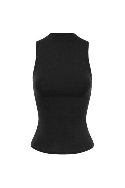 Slim-Fit Stretchy Sleeveless Vest with Half-High Collar - Basic Essential for 90s Y2K Style Fashion