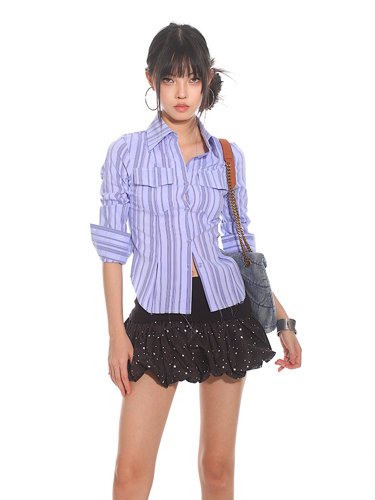 Slim Fit Striped Waist-Defined Shirt for Women - 2025 Summer Elegant Style, High-End Fashion, Clean and Neat Design Slim Fit Striped Waist-Defined Shirt for Women - 2025 Summer Elegant Style, High-End Fashion, Clean and Neat Design