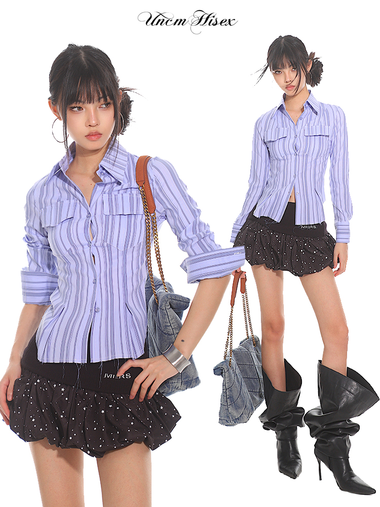 Slim Fit Striped Waist-Defined Shirt for Women - 2025 Summer Elegant Style, High-End Fashion, Clean and Neat Design Slim Fit Striped Waist-Defined Shirt for Women - 2025 Summer Elegant Style, High-End Fashion, Clean and Neat Design