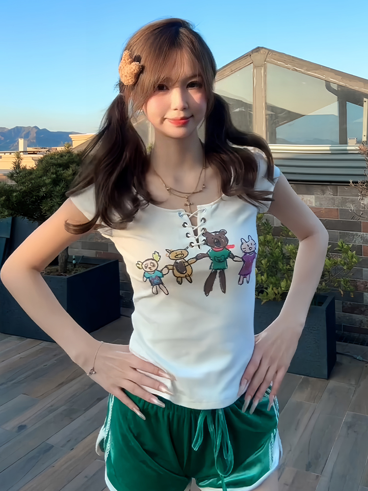 Slim Fit Tie Design American-Style Cartoon Printed Short Sleeve T-Shirt for Women - Summer Fashion Essential Slim Fit Tie Design American-Style Cartoon Printed Short Sleeve T-Shirt for Women - Summer Fashion Essential