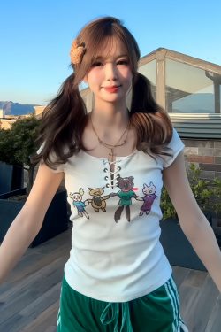 Slim Fit Tie Design American-Style Cartoon Printed Short Sleeve T-Shirt for Women - Summer Fashion Essential