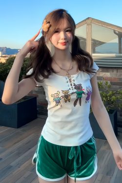 Slim Fit Tie Design American-Style Cartoon Printed Short Sleeve T-Shirt for Women - Summer Fashion Essential