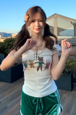 Slim Fit Tie Design American-Style Cartoon Printed Short Sleeve T-Shirt for Women - Summer Fashion Essential