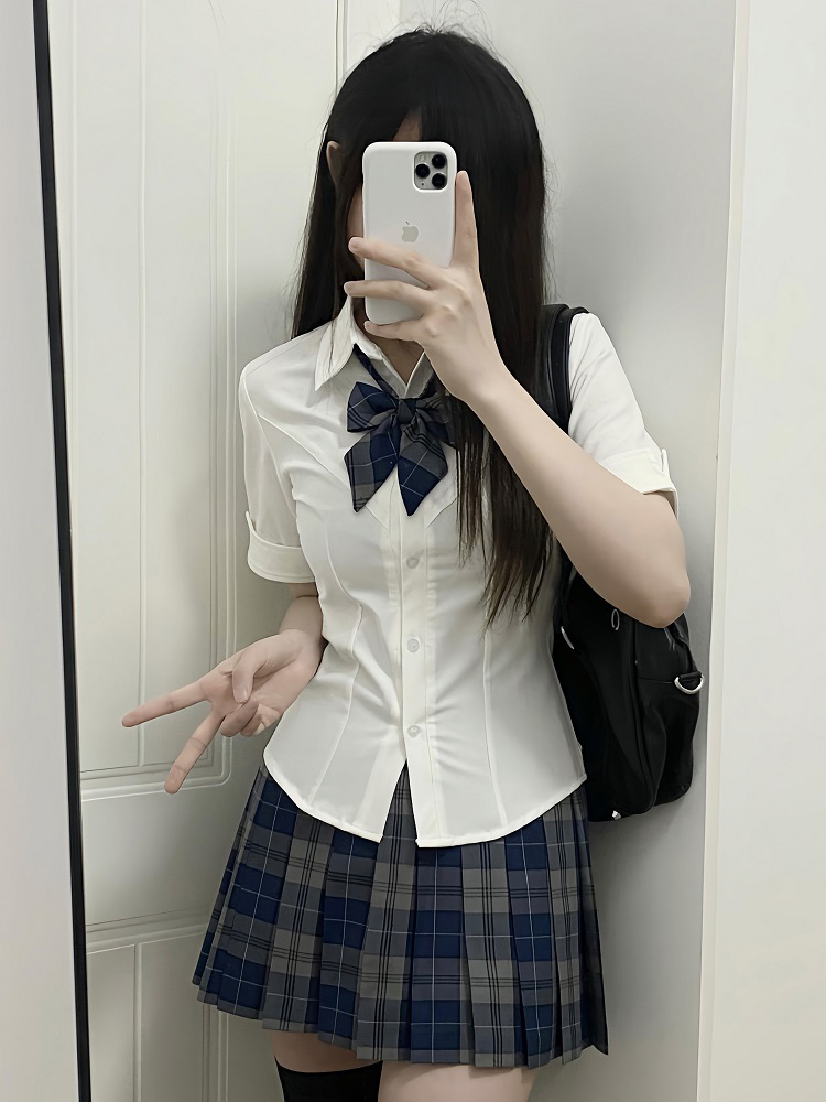 Slim Fit V-Neck White Shirt with Camellia Print, Long & Short Sleeves, College Style, Spring Summer Trend for Girls Slim Fit V-Neck White Shirt with Camellia Print, Long & Short Sleeves, College Style, Spring Summer Trend for Girls