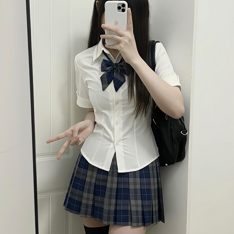 Slim Fit V-Neck White Shirt with Camellia Print, Long & Short Sleeves, College Style, Spring Summer Trend for Girls Slim Fit V-Neck White Shirt with Camellia Print, Long & Short Sleeves, College Style, Spring Summer Trend for Girls