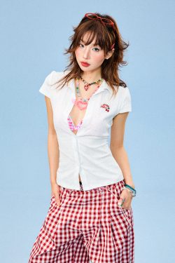 Slim Fit White Short Sleeve Shirt for Women - Textured Summer Top, American Style, Casual Wardrobe Essential