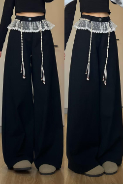 Slimming Black Lace Trim Wide-Leg Pants for Women - Loose-Fitting Straight-Leg Casual Trousers for Work and Everyday Wear