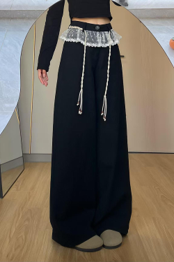Slimming Black Lace Trim Wide-Leg Pants for Women - Loose-Fitting Straight-Leg Casual Trousers for Work and Everyday Wear