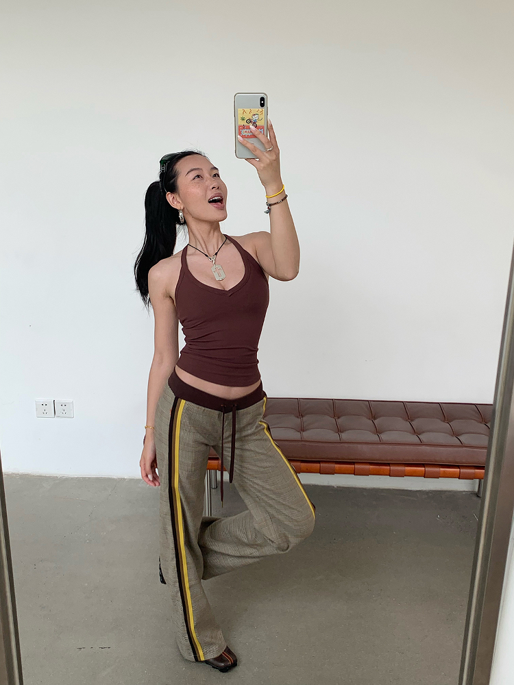 Slimming Low-Waisted Hip-Hugging Dress Pants in Khaki Brown Plaid with Orange Highlights - Chic Y2K Style Fashion Slimming Low-Waisted Hip-Hugging Dress Pants in Khaki Brown Plaid with Orange Highlights - Chic Y2K Style Fashion