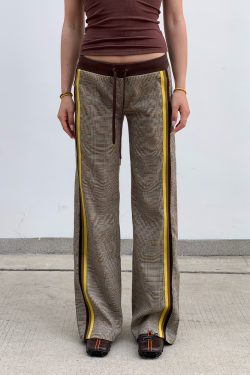 Slimming Low-Waisted Hip-Hugging Dress Pants in Khaki Brown Plaid with Orange Highlights - Chic Y2K Style Fashion