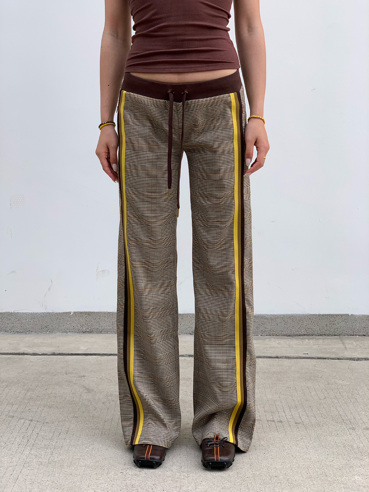 Slimming Low-Waisted Hip-Hugging Dress Pants in Khaki Brown Plaid with Orange Highlights - Chic Y2K Style Fashion Slimming Low-Waisted Hip-Hugging Dress Pants in Khaki Brown Plaid with Orange Highlights - Chic Y2K Style Fashion