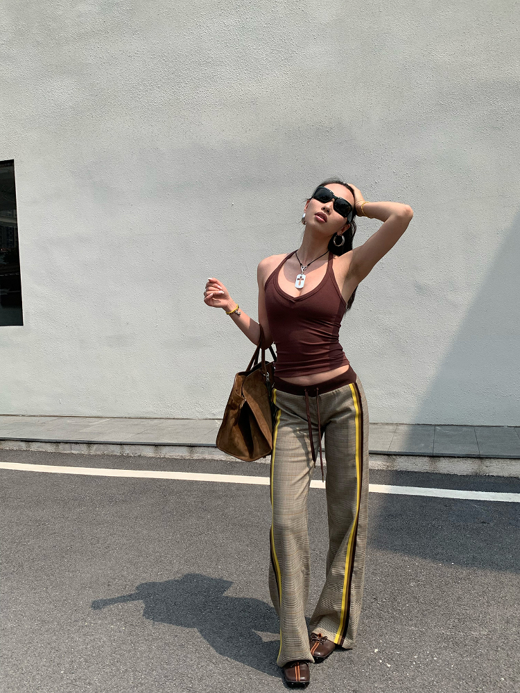 Slimming Low-Waisted Hip-Hugging Dress Pants in Khaki Brown Plaid with Orange Highlights - Chic Y2K Style Fashion Slimming Low-Waisted Hip-Hugging Dress Pants in Khaki Brown Plaid with Orange Highlights - Chic Y2K Style Fashion