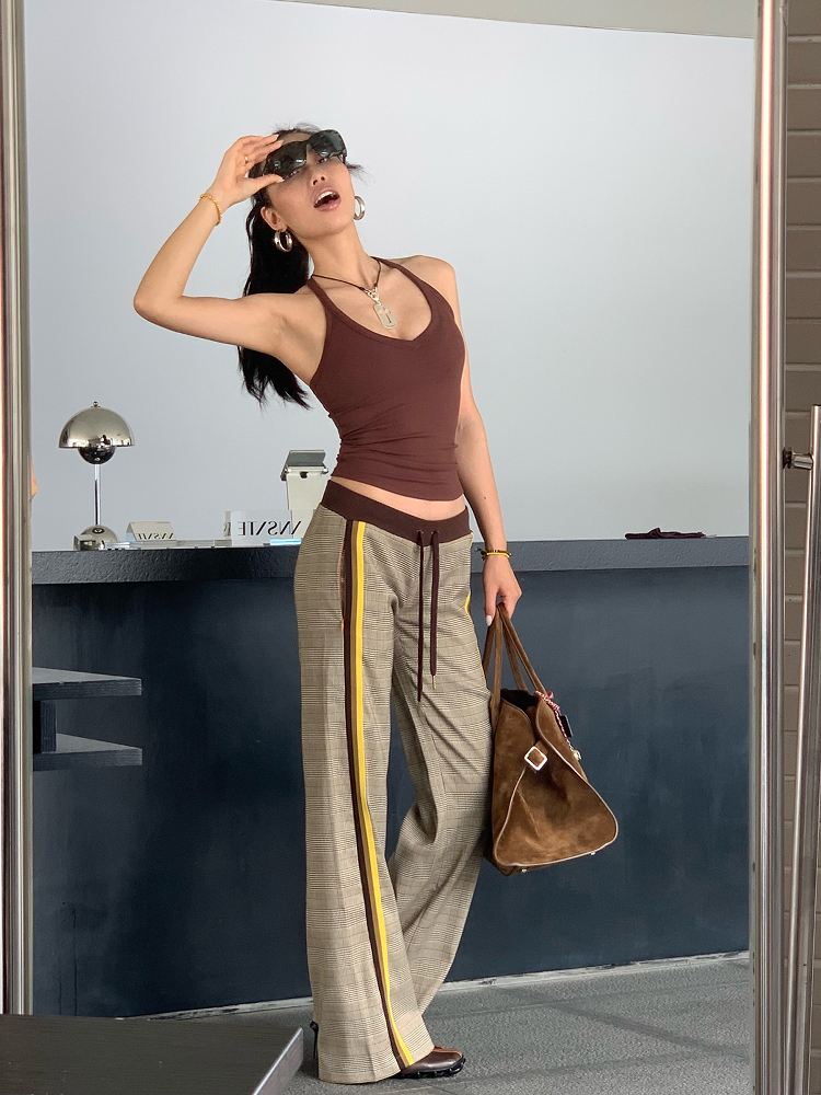 Slimming Low-Waisted Hip-Hugging Dress Pants in Khaki Brown Plaid with Orange Highlights - Chic Y2K Style Fashion Slimming Low-Waisted Hip-Hugging Dress Pants in Khaki Brown Plaid with Orange Highlights - Chic Y2K Style Fashion