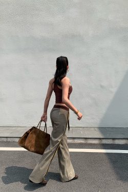 Slimming Low-Waisted Hip-Hugging Dress Pants in Khaki Brown Plaid with Orange Highlights - Chic Y2K Style Fashion
