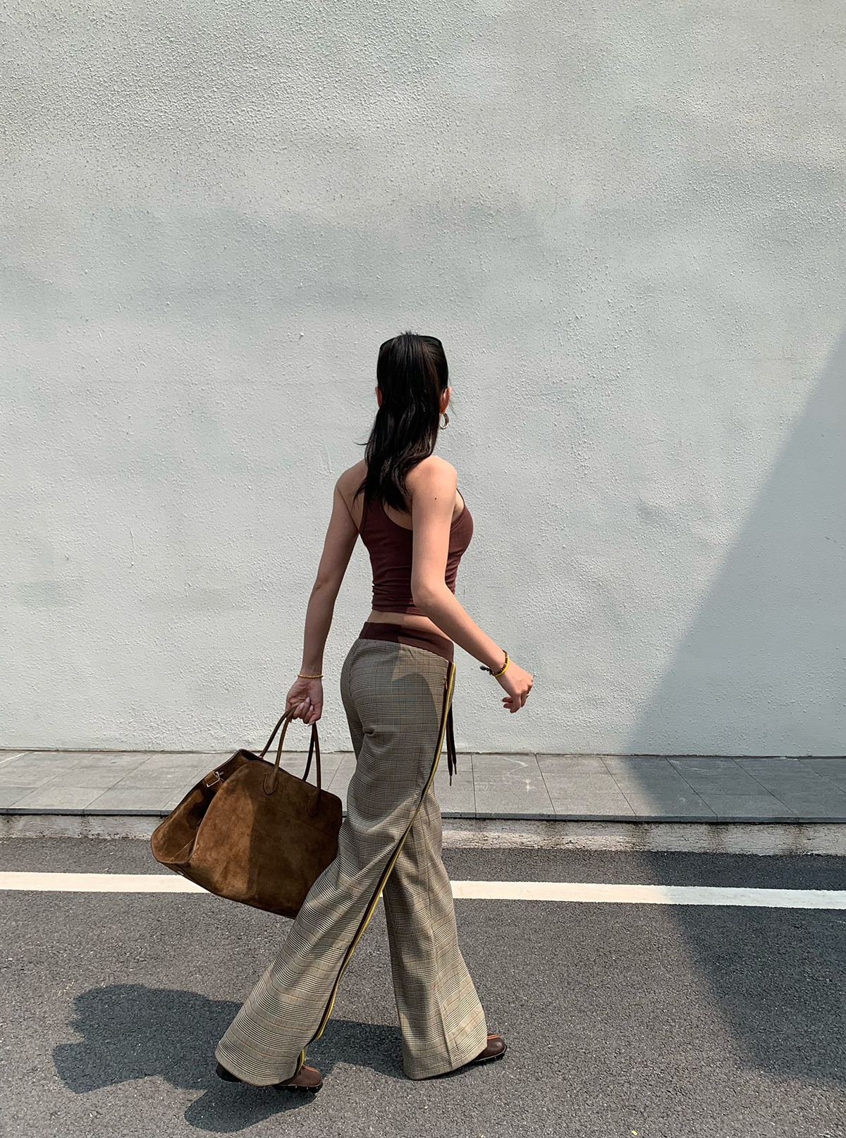 Slimming Low-Waisted Hip-Hugging Dress Pants in Khaki Brown Plaid with Orange Highlights - Chic Y2K Style Fashion Slimming Low-Waisted Hip-Hugging Dress Pants in Khaki Brown Plaid with Orange Highlights - Chic Y2K Style Fashion